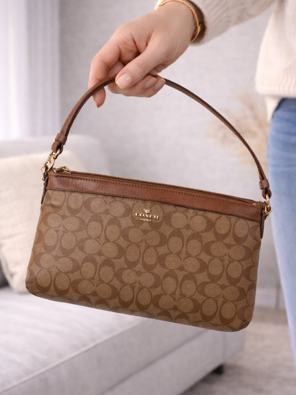 Coach East West Pop-Up Pouch Crossbody Signature Brown Tan F58316